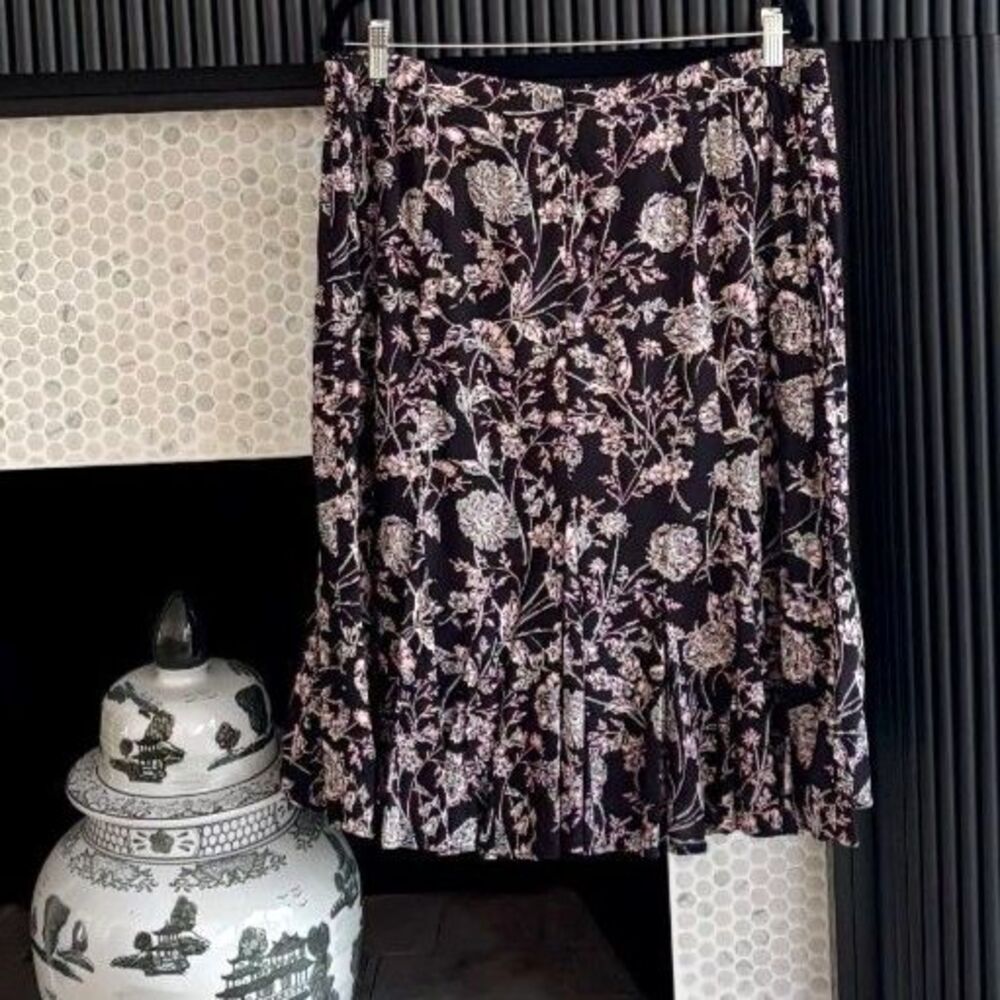 Talbots Floral Midi Skirt 14W Black Pink Ruffle Flounce Fall Transitional